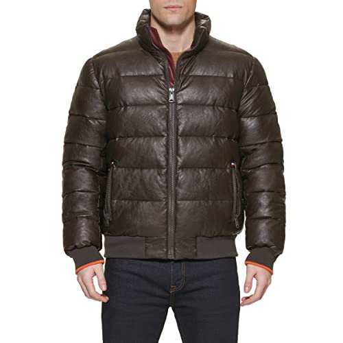 Tommy Hilfiger Men's Midweight Quilted Faux Leather Bomber, Saddle, X-Large