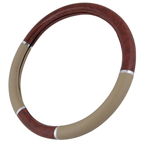 BDK Dark Wood Grain and Beige Faux Leather Steering Wheel Cover #TOP5