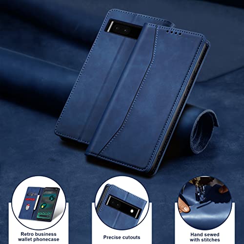 Image of Jasonyu Flip Wallet Case for Google Pixel 6A 5G,Leather Magnetic Folio Cover with Card Holder,Kickstand - TPU Shockproof Durable Protective Phone Case,Blue