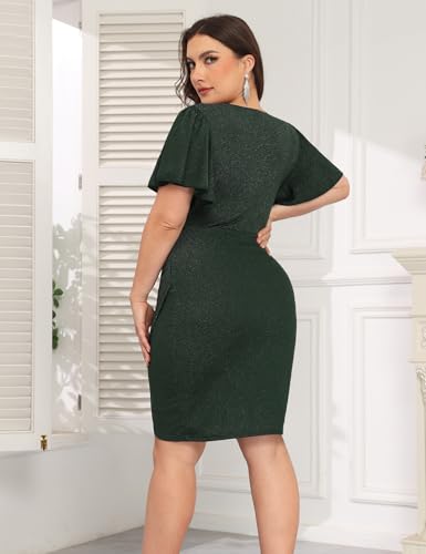 Image of CYCLAMEN 1X-4X Plus Size Sparkle Glitter Ruched Bodycon Mini Wrap Dress Sparkly Sequin Dresses Ruffle Sleeve Party Cocktail