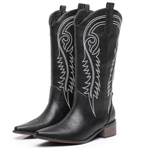 Cowboy Boots for Women - Cowgirl Boots with Embroidery , Mid Calf Side Zipper Chunky Heel Retro Country Fashion Leather Boots (black1, 10, Adult, Women, 10, Numeric, US Footwear Size System, Medium)