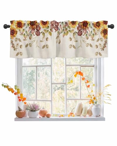 Fall Sunflower Kitchen Valance,Farmhouse Eucalyptus Leaves Window Valances,Short Curtains Window Treatment Rod Pocket Drapes,Autumn Watercolor Floral on Linen Valances Curtain for Bedroom 42x12in