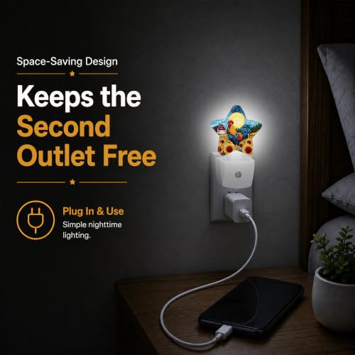 Image of Rooster Sunflower Star Night Light Plug in, Soft Glow Night Light for Kids Bedroom Nursery, Gentle Warm Light for Sleep, Compact Lamp for Hallway Bathroom