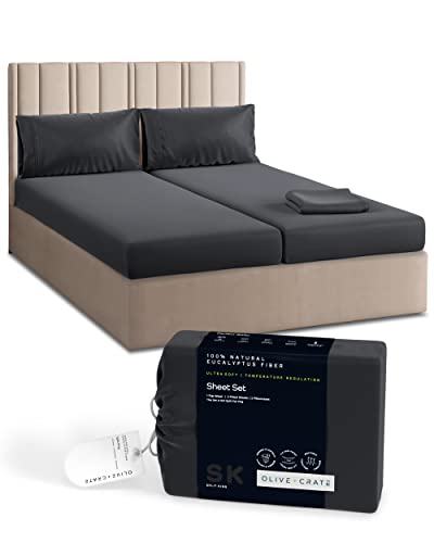 Olive + Crate Split King Sheets Sets for Adjustable Bed, 100% Certified Tencel Eucalyptus Fiber from Austria, Better Than Silk Linen & Cotton, Cooling Sheets for Hot Sleepers, Charcoal (106