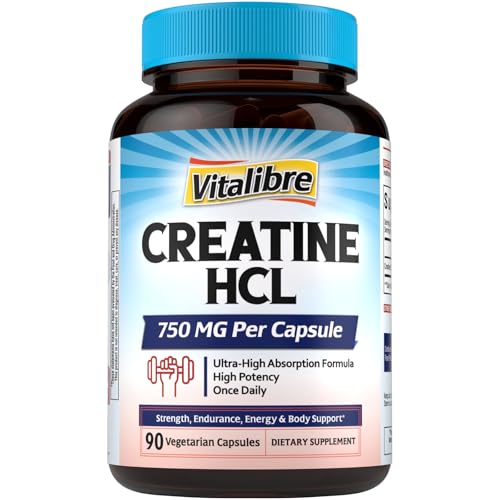Vitalibre Creatine HCl Capsule 750mg High Absorption Creatine Hydrochloride Endurance Strength Fast Absorbing No Load No Bloat Monohydrate Micronized Alternative Once Daily 90 Capsules