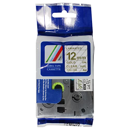 Fita Refil Compatível TZ-134 Tze-134 Transparente com escrita em Dourado 12mm para Rotulador Brother