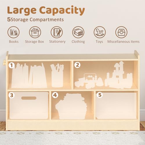 Image of Wooden Kids Storage Cabinet, 5-Section Toddler Montessori Bookshelf, Kids Organizer for Classroom, Playroom, Kindergarten, Large Size