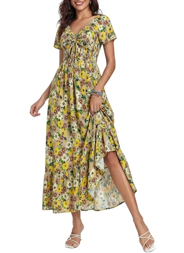 Image of Summer Smocked Boho Maxi Dress for Women 2026 Short Sleeve Floral Smocked Flowy Ruffled Beach Vacation Dresses Lightweight
