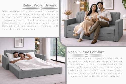 Image of Rosebell Foldable Sofa-Cum-Bed | 3-in-One Convertible Couch with Armrest | Modern Velvet Fabric Sofa for Living Room, Bedroom & Office-Grey-Color