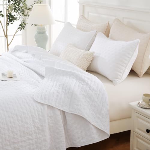 HiSnug White Quilt Bedding Set with Pillow Shams, Breathable Lightweight Bed Spread, Soft Oversized Bedspread Coverlets for King Bed, All Seasons, 3 Pieces, 1 Quilt (108x96), 2 Pillow Shams (20x36)