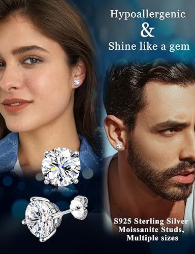 Moissanite Stud Earrings 18K White Gold Plated Brilliant Round Cut D Color VVS1 Clarity Lab Created Moissanite Earrings Sterling Silver Earring Hypoallergenic Earrings for Women Men 13