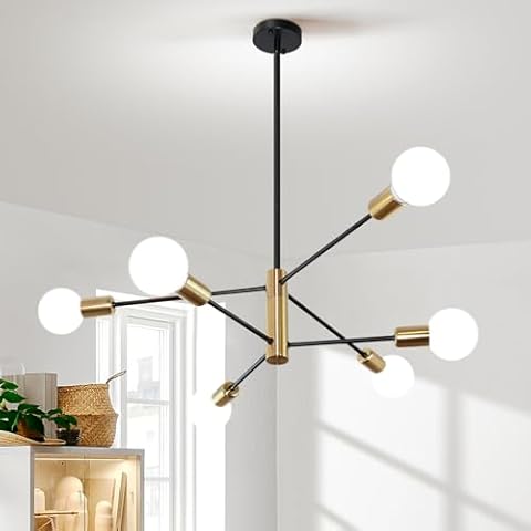 Mlihove Sputnik Chandeliers 6 Lights Mid Century Modern Dining Room Lighting Fixture Gold and Black Contemporary Pendant Ceiling Light Fixture for Bedroom,Living Room,Kitchen or Office Cover