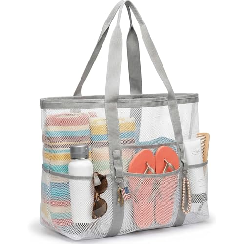 F-color Mesh Beach Bag - Large Beach Tote 9 Pockets Pool Toys Bag for Swim Cruise Vacation Essentials, White