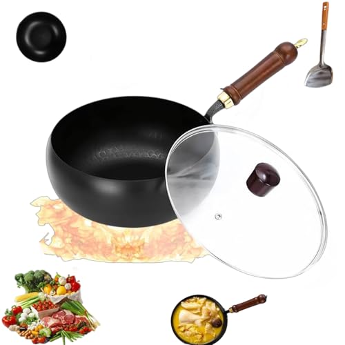 Olla Gruesa De Hierro Sin Revestimiento, SartéN Japonesa De Hierro Suntuup, SartéN Antiadherente Forjada A Mano, Olla Antiadherente De Gran TamañO Sin Revestimiento (Tapa de vidrio,M-24cm)