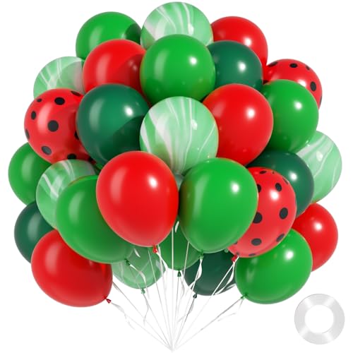 60pcs Watermelon Balloons 12inch with Red Dark Green Balloons for Watermelon Birthday One in a Melon Party Decorations