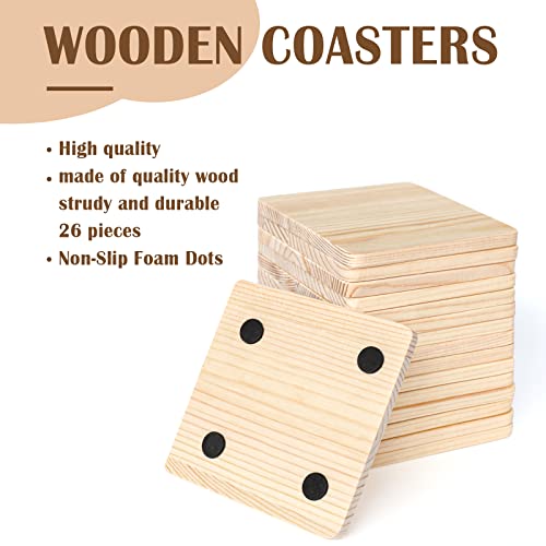 26 Pack Unfinished Wood Coasters, 4 Inch Square Blank Wooden Coasters Crafts Coasters With Non-Slip Silicon Dots For Diy Architectural Models Drawing Painting Wood Engraving #TOP1