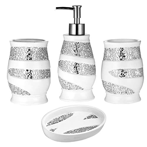 Zahari Home 4pc Sinatra Stylish Bathroom Accessories Set White Soap Dispenser, Tumbler, Tooth Brush Holder and Soap Dish Modern Classic Luxury Decor Bling Mosaic Glass White Bathroom Accessories
