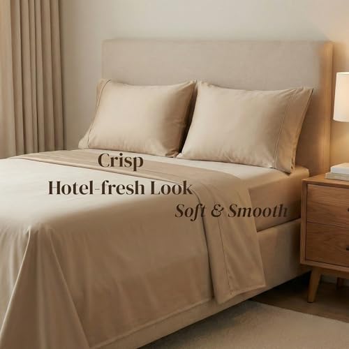 Image of Beckham Hotel Collection Pillowcases Queen Size Set of 2, Cool Touch Cotton Sateen Fabric, 500TC, Silky Smooth & Soft, Open End, Sand