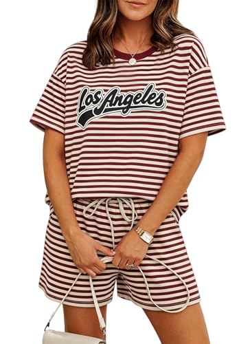 Image of QLIPIN Striped Two Piece Set for Women 2 Piece Lounge Sets Summer Outfits Stripes Shirt and Shorts Set