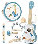 Lehoo Castle Dinosaur Kids Guitar Set - Montessori Educational Toys Gifts for 2 3 Year Old Boy Girls, Wooden Musical Instruments Toys with Ukulele/Flute/Tambourine/Maraca for Toddlers 2-4