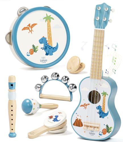 Lehoo Castle Guitare Enfant 2 3 Ans avec Instruments de Musique, Ukulélé en Bois avec Tambourin, Flûte, Maracas et Hochet, Montessori Jouet Musical Educatif...