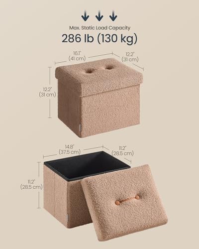 Image of SONGMICS Small Folding Storage Ottoman, Camel Brown | Foot Rest Stool, 12.2 x 16.1 x 12.2 Inches, 286 lb, Bedroom, Dorm, ULSF094K01