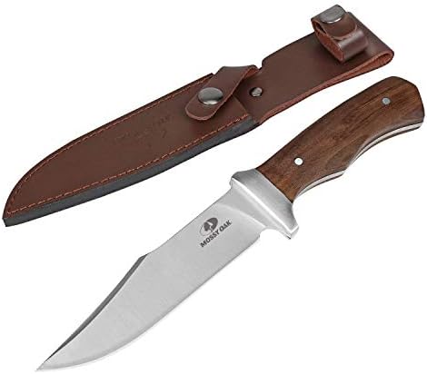 Mossy Oak 11-inch Full-tang Fixed Blade Knife with Leather Sheath, Clip Point Blade and Wood Handle, for Outdoor Survival, Camping