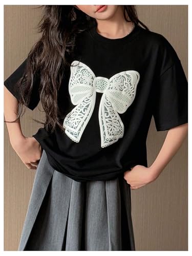 SHENHE Girl's Cute Bow Shirt Oversized Graphic Crew Neck Half Sleeve Summer Tee Top4
