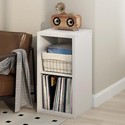 Image of Furinno Cubicle Record Player Stand, 2-Cube Vinyl Record Storage, White | Vinyl Storage, 1.2 inchInch Extra Thick, Open Back Media Shelf for CD DVD Bluray Game Disc, for Living Room, Home Office