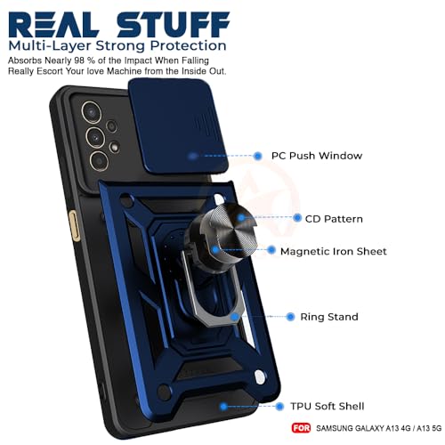 Image of Armor Bumper Back Cover Case for Samsung A13 4G | Rotating Camera Cover, Ring Holder & Kickstand | Heavy Duty & 360 Degree Protection Samsung A13 4G Back Cover (Blue)