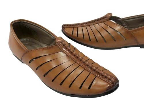 Mens Punjabi Jutti Style Tan Sherwani Shoes Loafers jalsa Jutti Men Groom Breathable Shoes4
