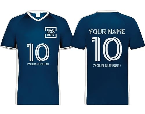 Custom Soccer Jersey with Name Number Team Logo Personalized Soccer V-Neck Shirt for Youth Large Navy