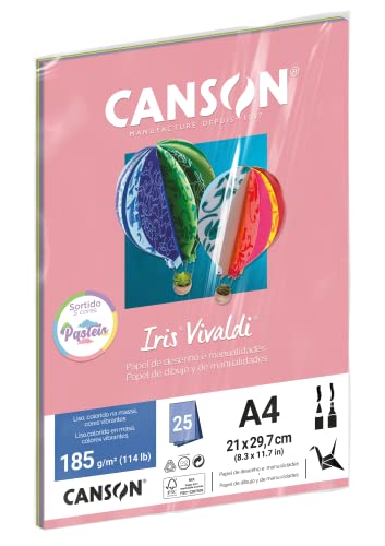 CANSON Iris Vivaldi, Papel Colorido A4 Sortido em Pacote de 25 Folhas Soltas, Gramatura 185 g/m², Co