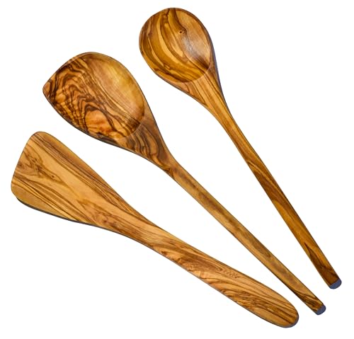 Cleminson Handcrafted Olive Wood Utensils – Wooden Spatula, Spoon & Sauce Spoon with Corner or 3-Piece Set (3-Piece Set)