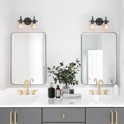 Image of KSANA Black Bathroom Light Fixtures, 2-Light Modern Farmhouse Black Vanity Lights with Clear Glass Shade Over Mirror for Hallway, Kitchen, Bedroom, and Living Room