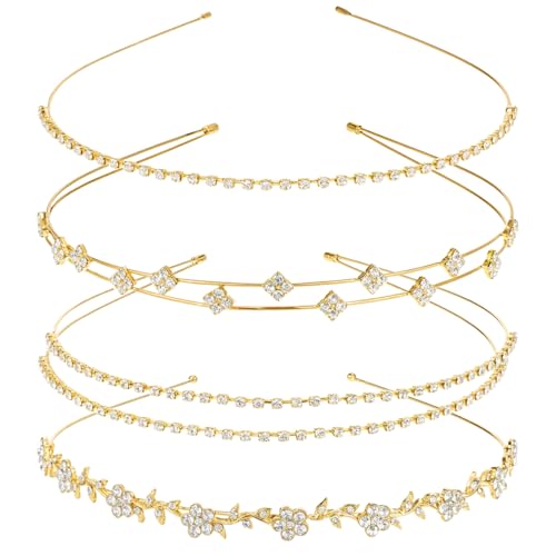 4 tiaras douradas para mulher, diadema nupcial, diadema de flores de vidro, toucado de graduação, tiara de folhas de flor, coroa, faixa para a cabeça, acessórios para o cabelo de casamento para