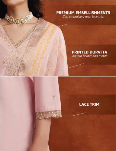Image of Amazon Brand - Myx Women's V Neck Embroidered Kurta Set With Dupatta | Salwar Suit Set (Available In Plus Sizes)