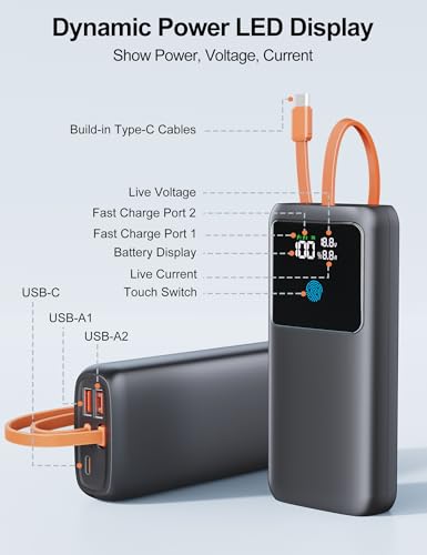 Image of Portable Laptop Charger 24000mAh 65W w /USB C Built-in Cable Black | 65W Fast charging, LED display, Charge 4 devices at once, Pass through, TSA approved, Compatible with Macbook /Notebook /iPhone