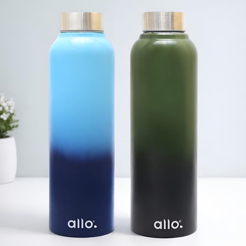 Image of Allo Stainless Steel Water Bottle For Adults, Kids 1 Litre Water Bottles For School, Office, Sports, Gym 1L Water Bottle For Men And Women, Pack Of 2| Leak Proof, Bpa Free, Light & Dark Blue Steel Cap