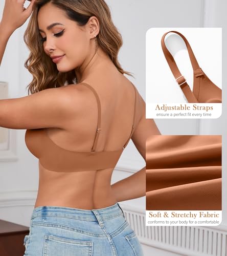 Image of DEANGELMON Front Closure Bras for Women Wireless Lightly Padded Bralett Seamless Low Cut V-Neck Lightweight T-Shirts Bra