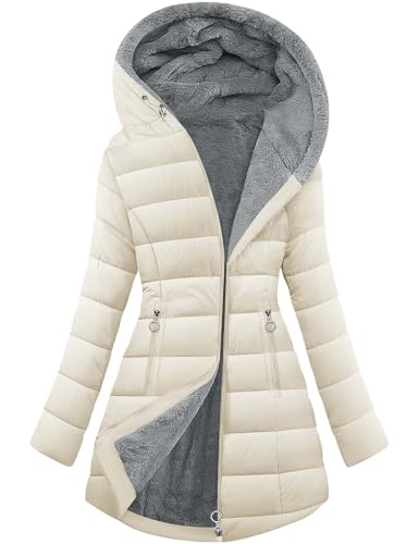 CMTOP Chaqueta Mujer Invierno Cálido Abrigo Acolchado Mujer Forro Polar Chaqueta Cremallera Largo con Capucha Termico Abrigo Casual Elegante Cazadora Hoodie Parka con Bolsillos(Beige,S)