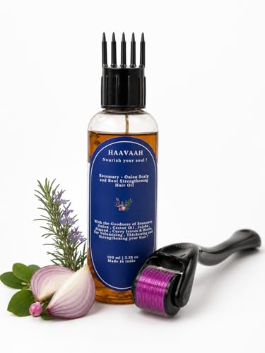 Image of Rosemary Onion Scalp and Root Strengthening Hair Oil (Castor, Jojoba, Almond, Curry Leaves and Biotin- Vetiver roots infused) & Derma Roller Combo 100 ml