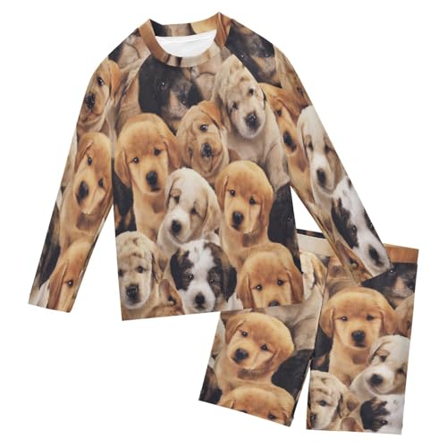 Cute Puppy Dogs Boys Swimsuit Rash Guard Toddler Kids Long Sleeve Swim Shirt and Trunks Swimwear Set 9-10Y