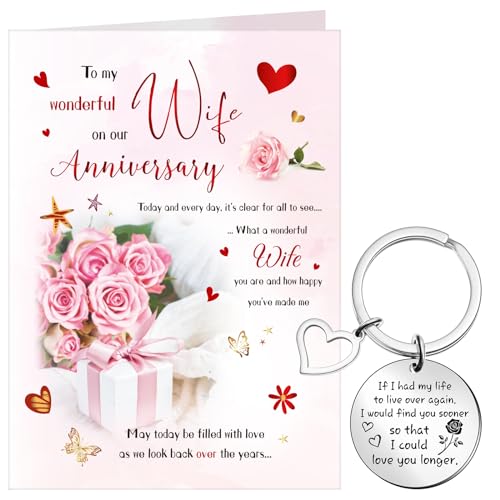 Tenare Wife Anniversary Card with White Envelope and Engraved Lover Keyring Wedding Gifts for Her Hearts and Roses Love Anniversary Greeting Cards from Husband Boyfriend Soulmate