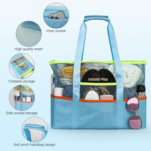 Tote Beach Bag with Zipper, Large Foldable Mesh Travel Bag for Women, Waterproof Sandproof Cruise Utility Work Vacation2