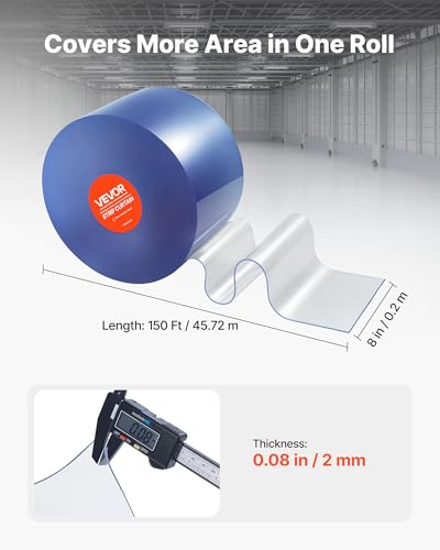 Image of VEVOR Clear PVC Strip Curtain, 150 ft Length x 8 in Width, Plastic Door Strip Bulk Roll, Walk in Freezer Cooler Curtain Strips for Doorways of Supermarket, Garage, Warehouse, Barn, Pet Animal House