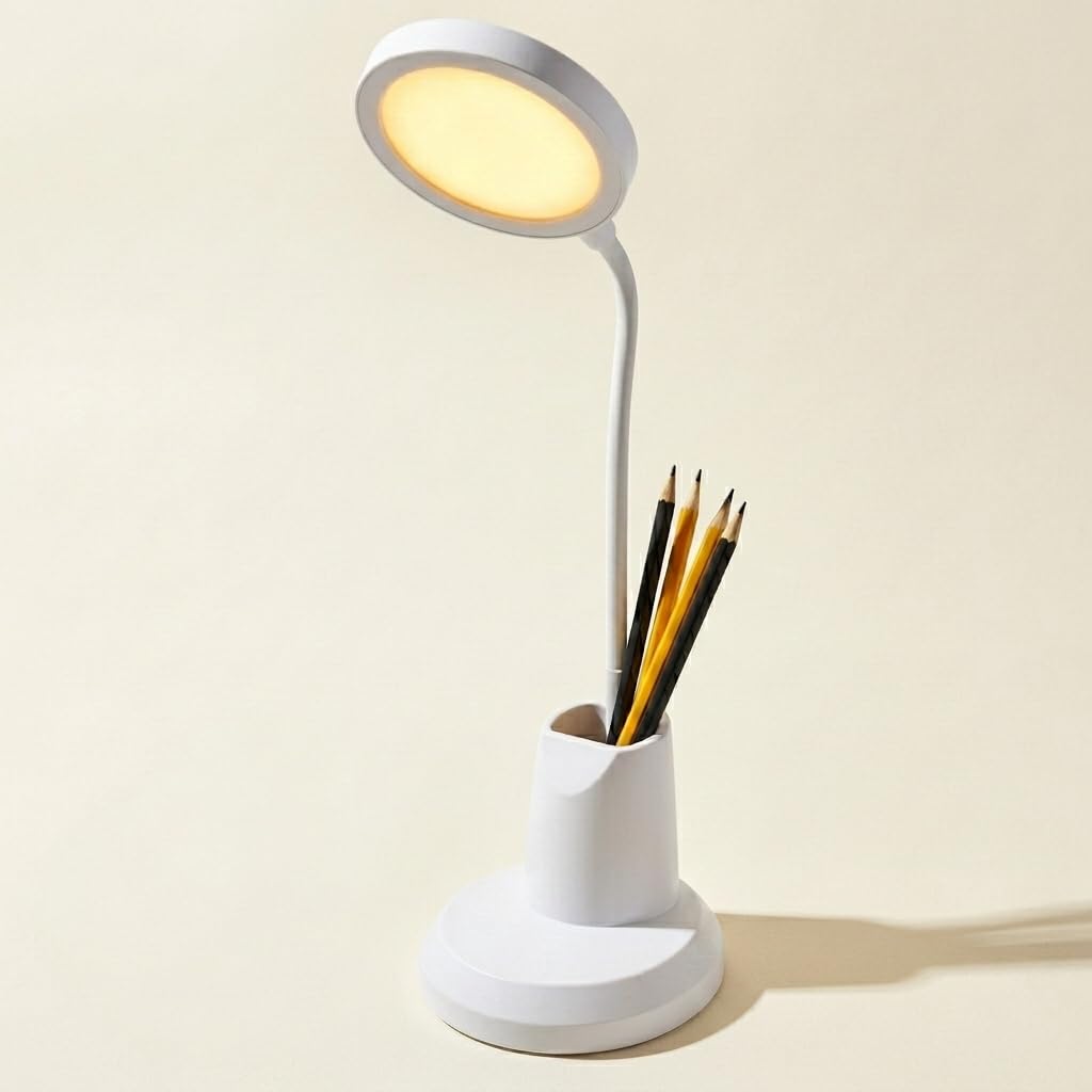 LED Desk Lamp with Pen Holder & Mobile Stand for Study Table, Eye Protection USB Rechargeable Table Lamp for Students, Flexible Touch Control Reading Light for Home Office Bedroom (Round)-image-5