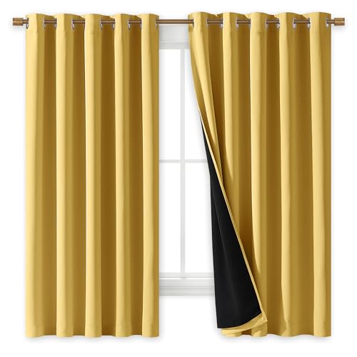 Image of NICETOWN 100% Blackout Curtains with Black Liners, Thermal Insulated Full Blackout 2-Layer Lined Drapes, Energy Efficiency Window Drapes for Bedroom (Bright Yellow, 2 Panels, 70-inch W by 63-inch L)