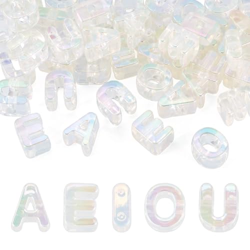 FASHEWELRY Crystal Clear Large Letter Beads 50 Pcs Acrylic Colorful Big Alphabet Bead Vowel AEIOU Spacer Paracord Beads for Keychains Bag Charm Kit Phone Chains Bracelets Necklaces Shoelaces
