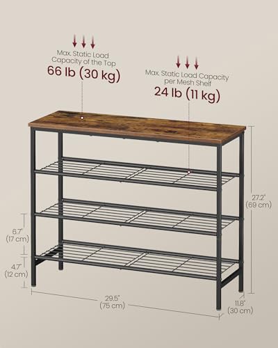 Image of VASAGLE Shoe Rack, Shoe Storage Rack for Closet, Entryway, Living Room, Free Standing Metal Organizer Shelf, 4 Tiers, 11.8 x 29.5 x 27.2 Inches, for 12-16 Pairs, Rustic Brown and Ink Black ULBS049KD01